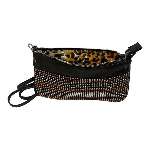 Steve Madden Crossbody Mini Wristlet Bag Silver Gold Black Faux Leather - Picture 5 of 8